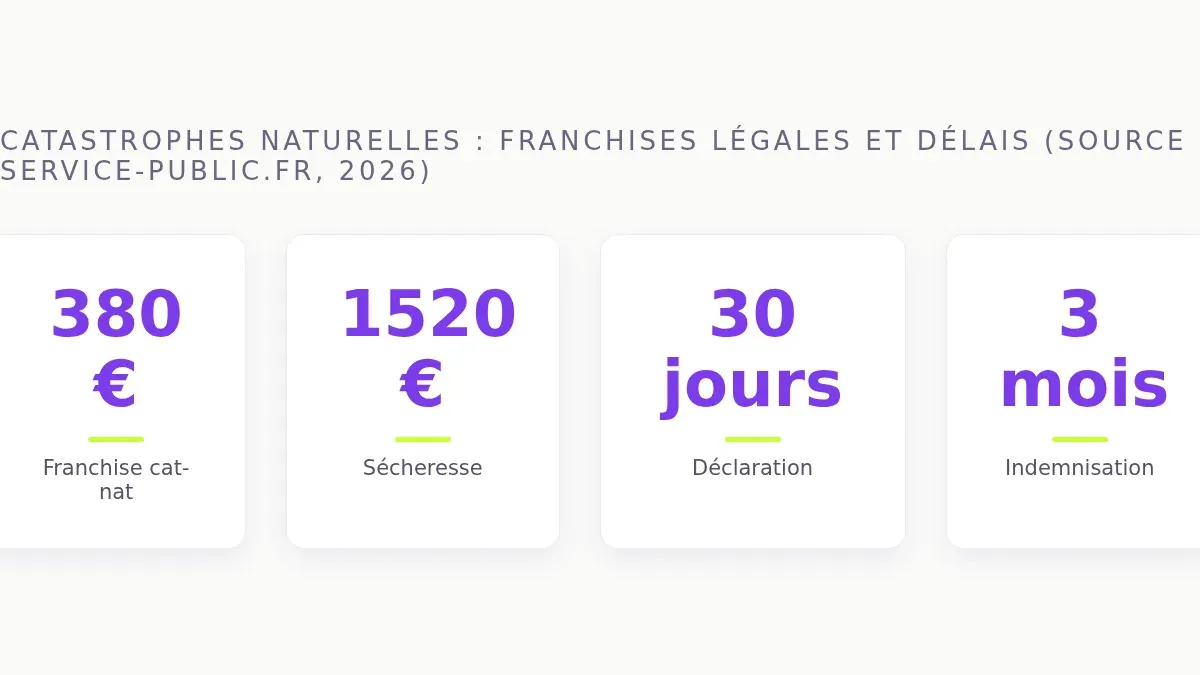 Catastrophes naturelles : franchises légales et délais (source Service-Public.fr, 2026)